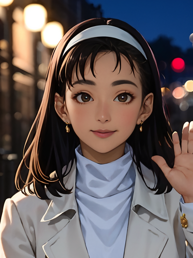 00230-544427893-best quality, ultra high res, 8K, white shirt,COAT, 1girl,Headband, (wave hand), looking at viewer, beautiful face, detailed fac.png